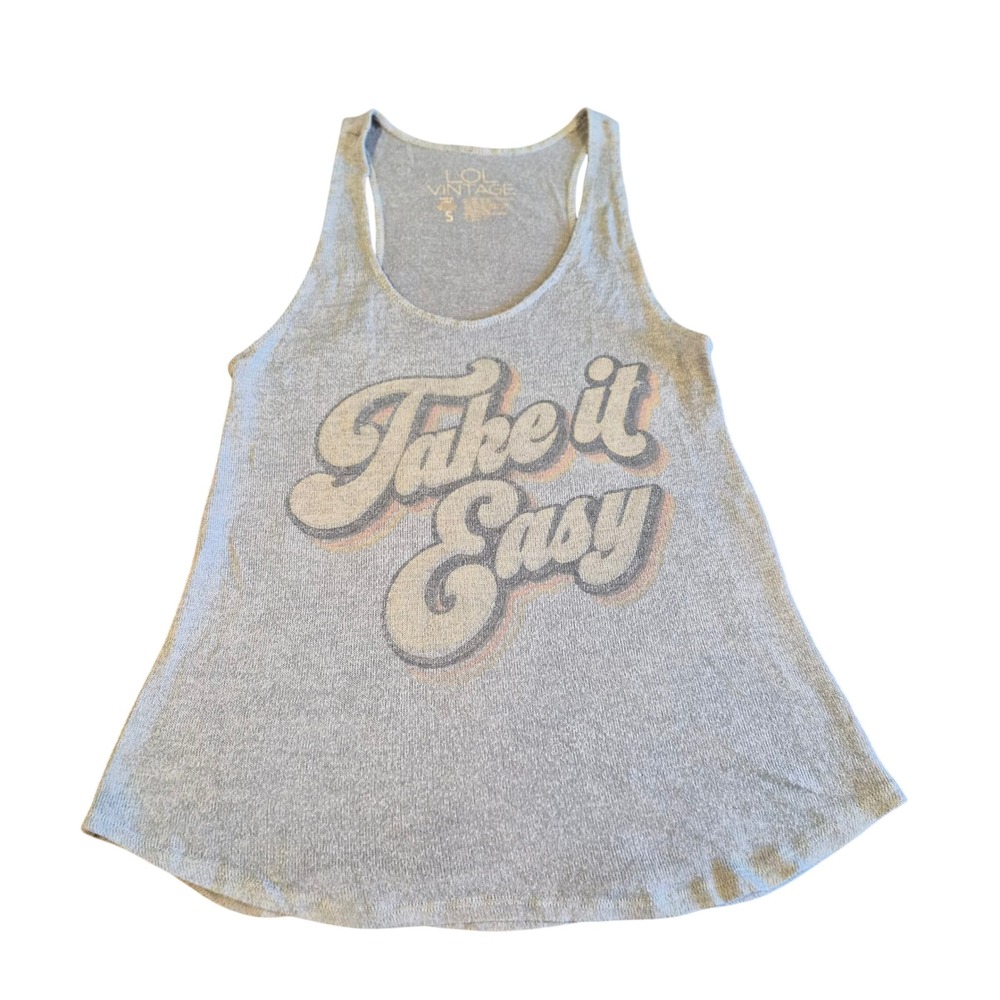 LOL‎ Vintage Take It Easy Graphic Tank Top Gray Racerback Sleeveless Small